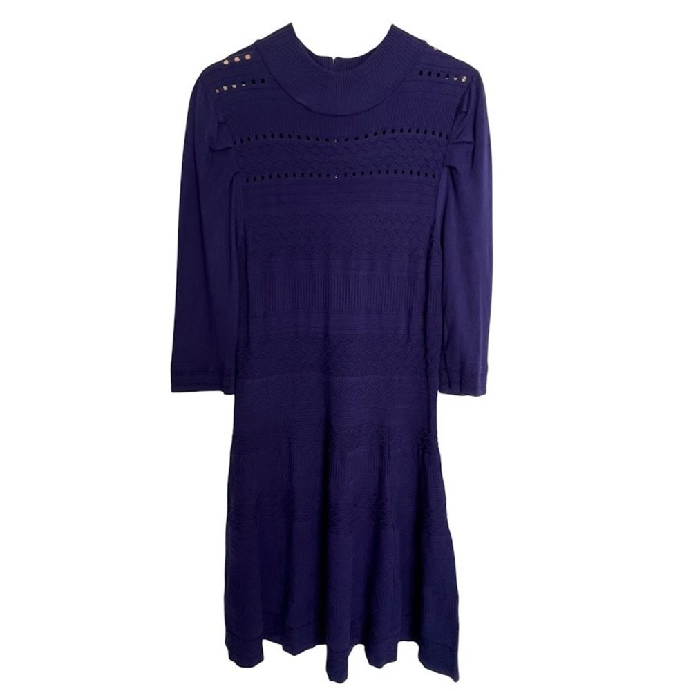 Eliza J Blue Pointelle Knit Midi Dress Fit Flare Mock Neck 3/4 Sleeve Large‎